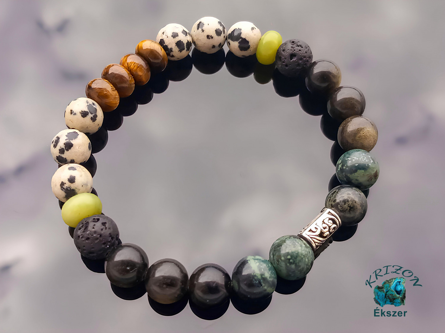 Tigerauge - Dalmatiner Jaspis - Serpentine - Lavastein - Silber Obsidian - Kambaba Jaspis Armband